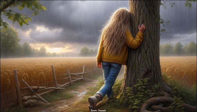 dans_la_campagne_avec_quelques_arbres.le_ciel_est_charge_de_nuage_grisil_pleut.une_jeune_fille_vue3